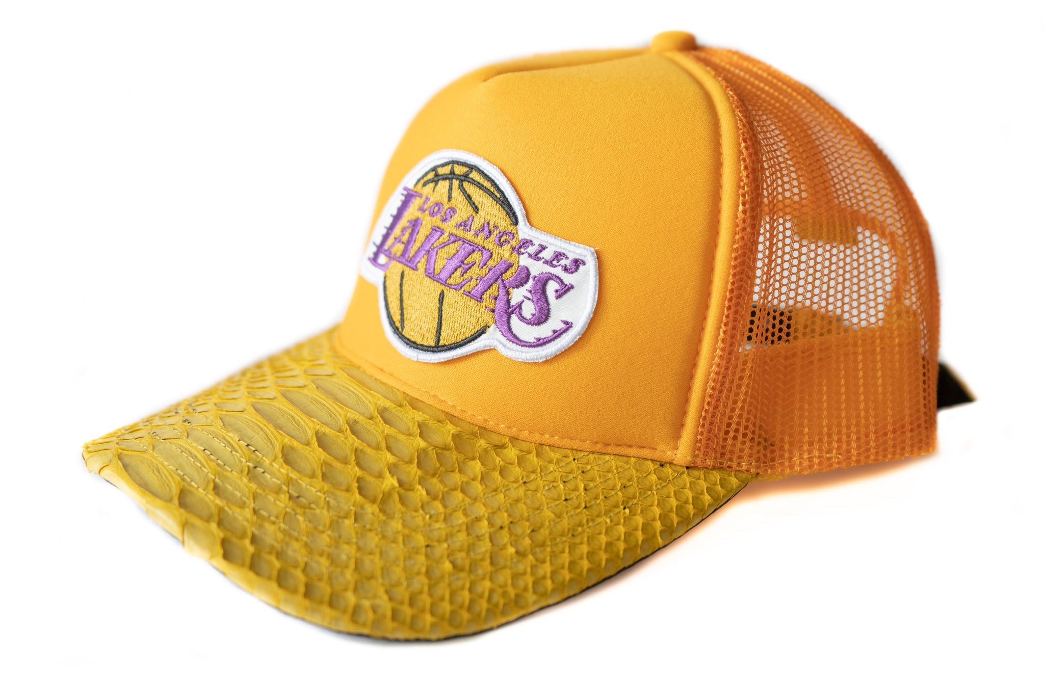 Custom LOS ANGELES LAKERS Custom Yellow Python Trucker Hat Strapback