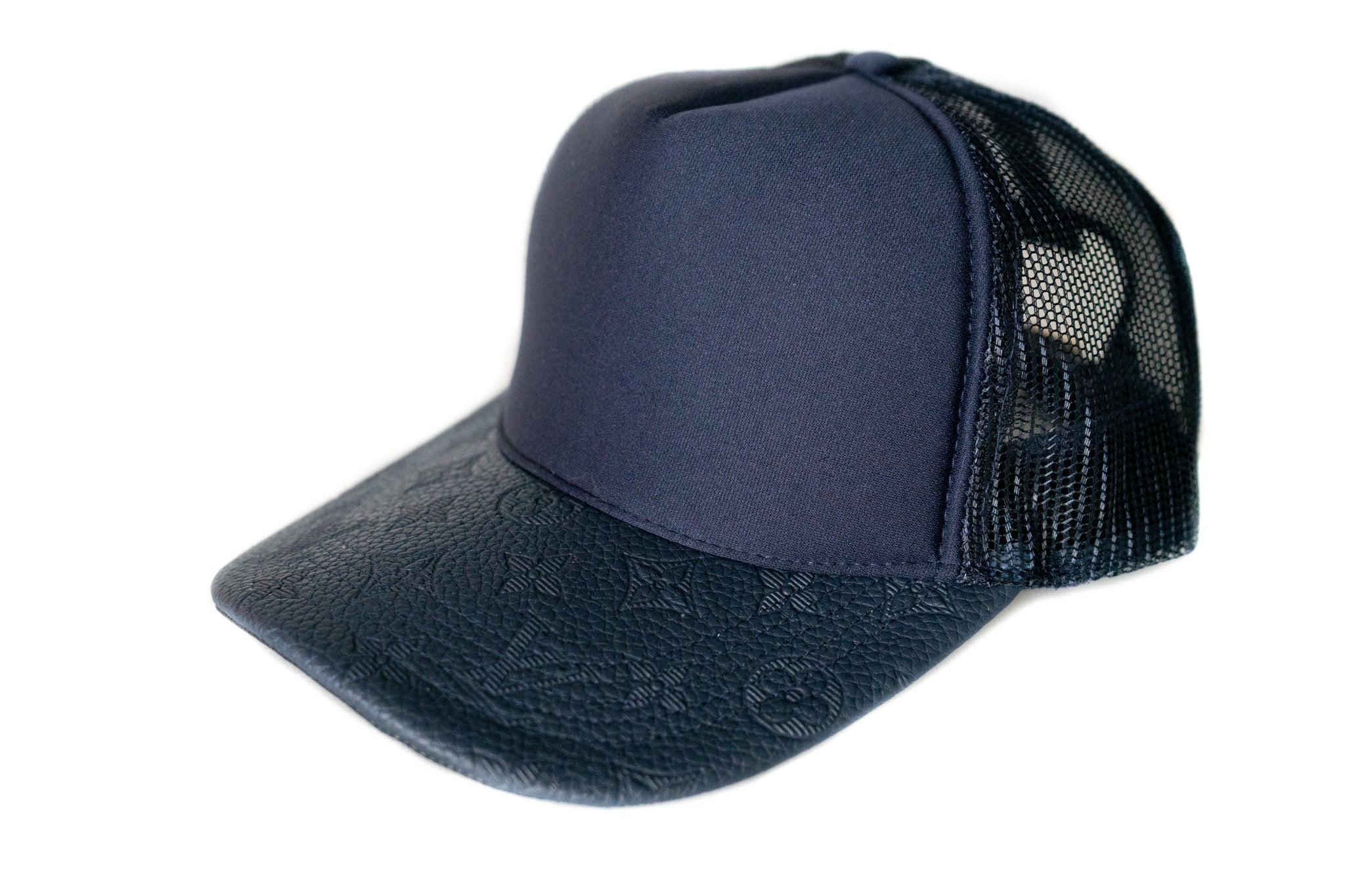 Custom Embossed Louis Vuitton Trucker Hat Navy Strapback