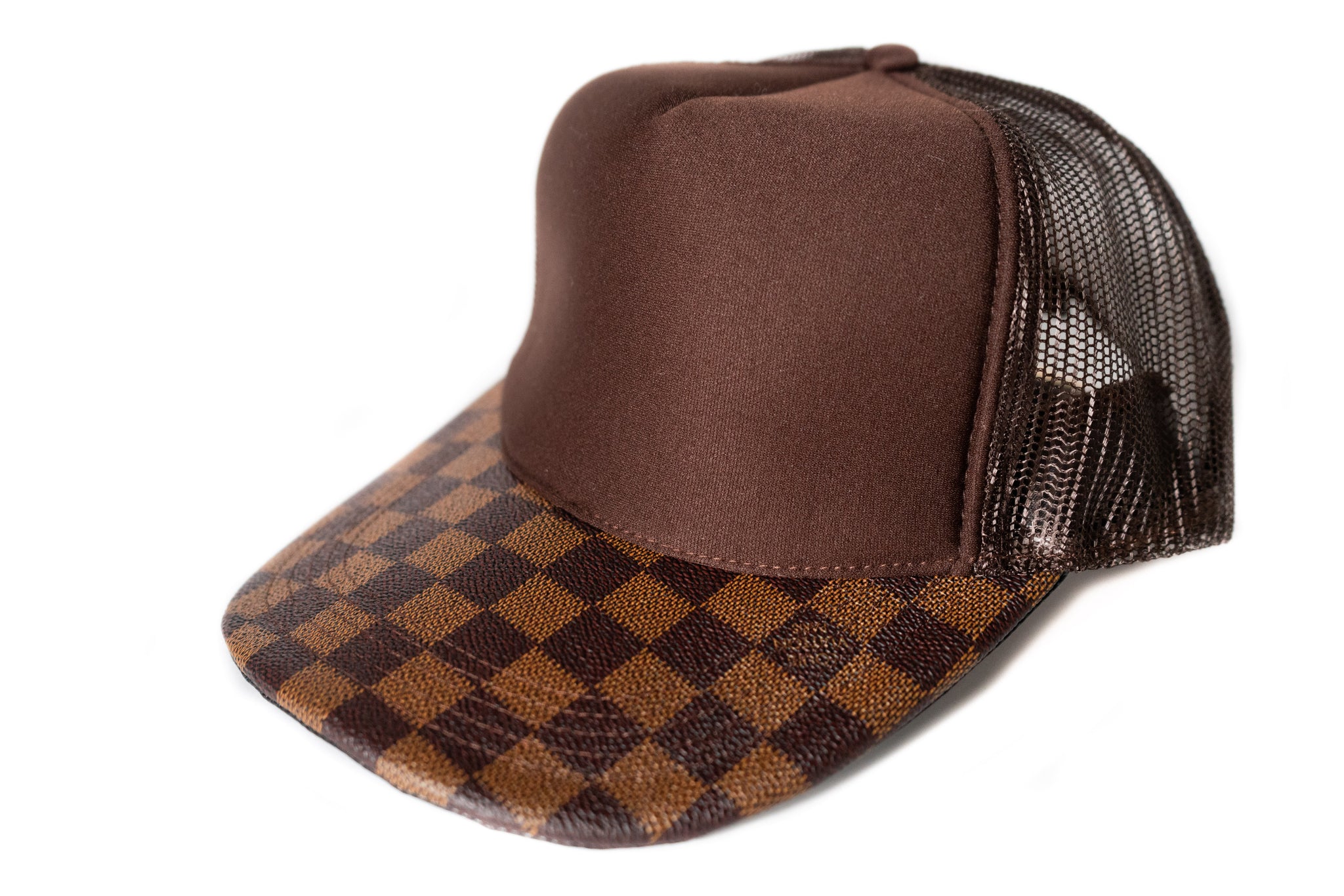 Custom Brown Checkered Louis Vuitton Trucker Hat Strapback