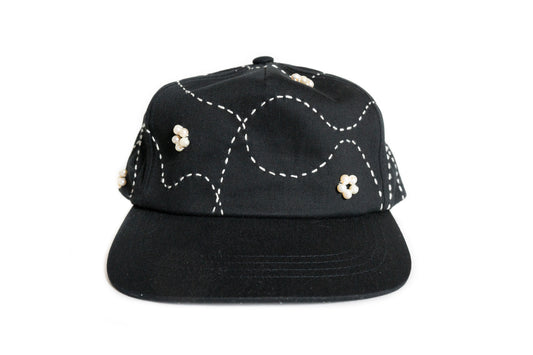 Black Sashiko Flower Pearl Snapback