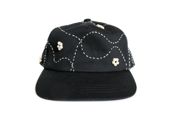 Custom Black Sashiko Flower Pearl Hat