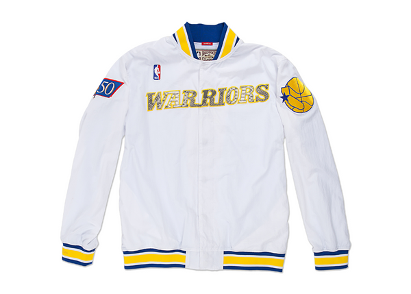 Custom Mitchell & Ness Golden State Warriors "Nothing But Net" Python Warm Up Jacket (White)
